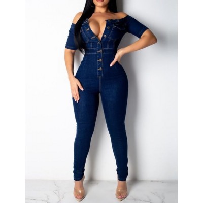 Collar Short Sleeve Buttons Bodycon Denim Jumpsuit Overalls HF2616-02-02