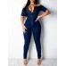 Collar Short Sleeve Buttons Bodycon Denim Jumpsuit Overalls HF2616-02-02