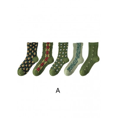 Simple Floral Jacquard Cotton Crew Socks