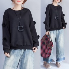 2021 winter black fuzzy ball decorated woolen sweater plus size o neck fashion knit tops