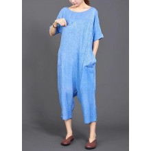 French cotton jumpsuit pants fine blue Solid Color Casual Loose Comfortable Jumpsuit